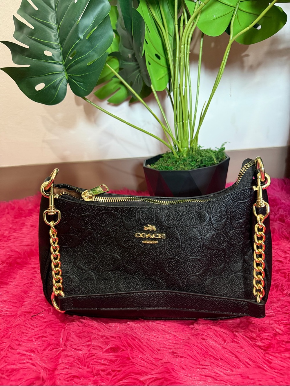 Coach Black Signature Embossed Shoulder Bag with Gold Chain Accents